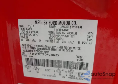 2013 Ford F-150 Fx4 из США, поврежденный, VIN 1FTFW1ET8DFC38473